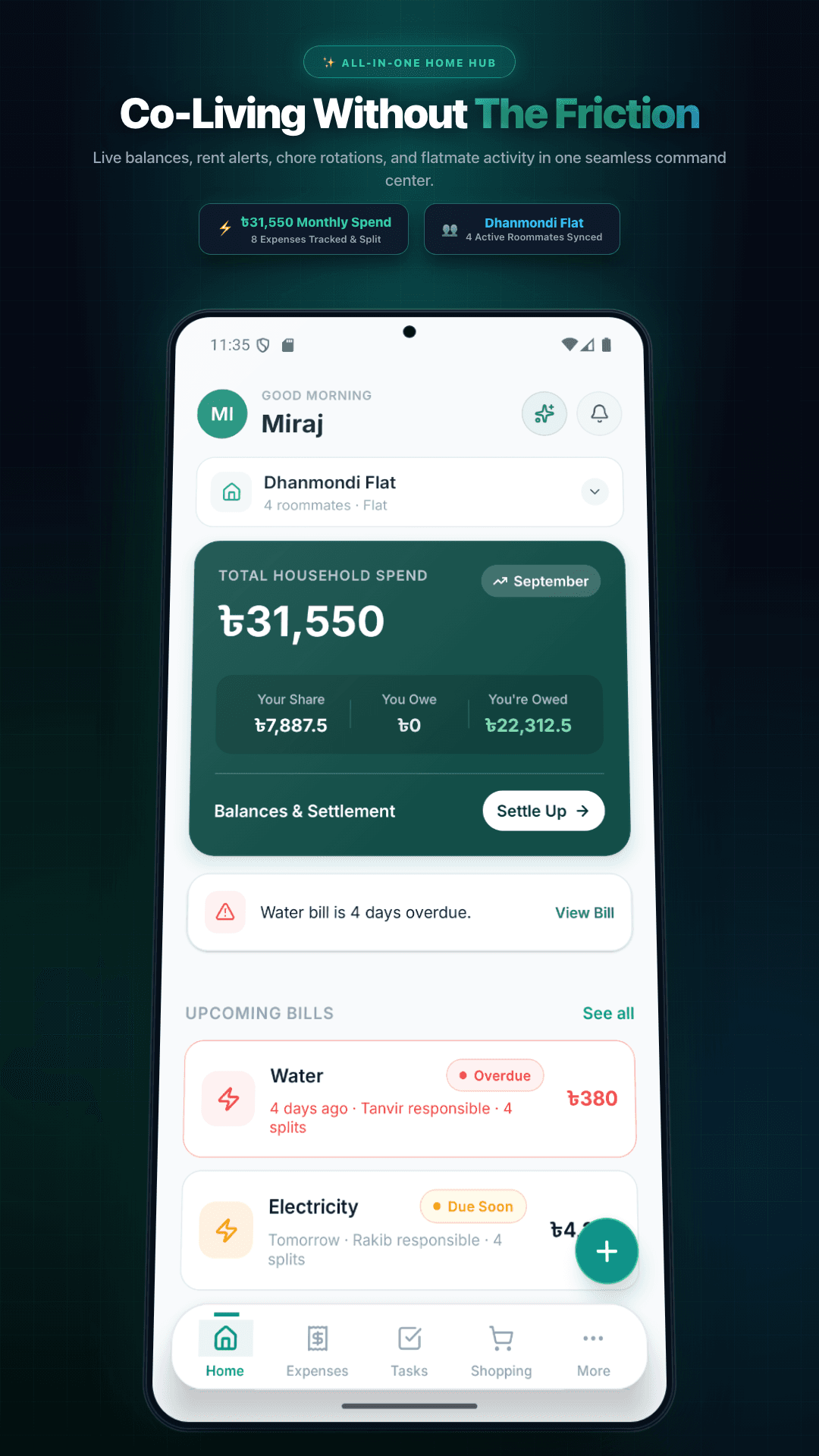 Flatly mobile app dashboard showing balances, rotating chores, shared grocery items, and quick action shortcuts